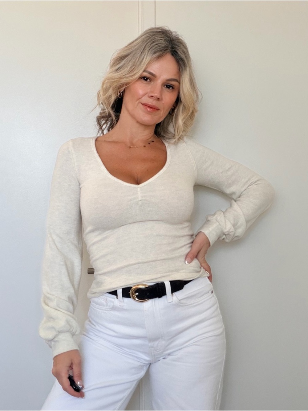 New Project Social T Cream Ribbed Long Sleeve V-Neck Top